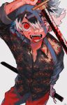  +_+ 1boy arm_over_head arm_up black_hair black_shirt blood blood_on_arm blood_on_clothes blood_on_face blood_on_hands blood_on_weapon collared_shirt colored_tips cowboy_shot fangs flaming_eye floral_print grey_background hair_between_eyes highres katana looking_at_viewer male_focus multicolored_hair original pants red_eyes red_pants scar scar_on_chest shinagire_(sinanohaka) shirt short_eyebrows short_hair signature solo sword symbol-shaped_pupils two-tone_hair unsheathed weapon white_hair 