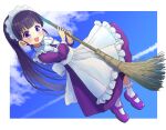  1girl bangs blush border bow broom chocomarybadend clouds dress eyebrows_visible_through_hair floating hair_behind_ear highres holding holding_broom maid maid_headdress open_mouth ponko_(ponkotsu_ponko) ponkotsu_ponko purple_dress purple_footwear sky solo violet_eyes white_border white_bow 