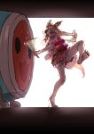  1girl :d animal_ears backlighting bangs_pinned_back barefoot crossed_arms drum drumming fox_ears fox_tail full_body highres hololive instrument leg_up motion_blur omaru_polka sketch smile solo standing standing_on_one_leg taiko_drum taiko_sticks tail virtual_youtuber yami_ara 