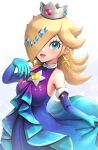  1girl alternate_costume blonde_hair breasts crown dress earrings elbow_gloves gloves gonzarez highres jewelry medium_breasts one_eye_covered rosalina simple_background solo star_(symbol) star_earrings super_mario_bros. super_mario_galaxy white_background 