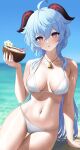  1girl absurdres ahoge arm_support artist_name bangs beach bikini blue_hair blurry blurry_background blush breasts coconut commentary drink drinking_straw ganyu_(genshin_impact) genshin_impact goat_horns hair_between_eyes halterneck hand_up highres holding holding_drink horns jewelry kohanayuki large_breasts long_hair looking_at_viewer multicolored_eyes navel necklace ocean parted_lips sidelocks sitting solo stomach sweat swimsuit thigh_gap thighs very_long_hair violet_eyes white_bikini yellow_eyes 
