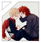  2boys bakugou_katsuki black_jacket black_pants black_vest blonde_hair blue_necktie boku_no_hero_academia border cai_(caiirocai) collared_shirt commentary_request eye_contact floral_print formal grey_background hand_on_another&#039;s_face jacket kirishima_eijirou long_sleeves looking_at_another male_focus multiple_boys necktie official_alternate_costume open_mouth pants red_eyes red_shirt redhead rose_print shirt short_hair simple_background sitting spiky_hair suit vest white_border 