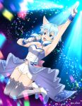  1girl :d absurdres animal_ear_fluff animal_ears arm_up armpits bangs blue_eyes blue_hair bow breasts cat_ears cat_girl frilled_footwear full_body gloves grey_legwear hair_between_eyes hair_bow hair_ornament highres holding holding_microphone idol index_finger_raised jumping medium_breasts microphone midriff music navel open_mouth shiny shiny_hair short_hair_with_long_locks short_shorts shorts sidelocks singing sinon_(sao-alo) smile solo stomach strapless sword_art_online thigh-highs tu_tora2 twitter_username waist_cape white_gloves white_shorts x_hair_ornament yellow_bow zettai_ryouiki 