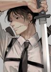  1boy artist_name bangs black_hair black_necktie chainsaw_man collared_shirt ear_piercing glasgow_smile grey_background holding holding_weapon kadeart katana kishibe_(chainsaw_man) kishibe_(young)_(chainsaw_man) looking_to_the_side necktie piercing scar scar_on_cheek scar_on_face shirt simple_background solo strap sword weapon weapon_behind_back white_shirt younger 