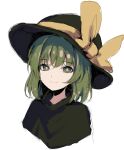  1girl absurdres black_headwear bow bright_pupils closed_mouth commentary cropped_torso eyebrows_visible_through_hair green_eyes green_hair green_shirt hair_between_eyes hat hat_bow highres komeiji_koishi looking_at_viewer medium_hair neetsr one-hour_drawing_challenge portrait shirt sketch smile solo touhou white_pupils yellow_bow 