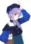 1girl bangs beret black_headwear blue_bow blue_eyes blue_skirt blush bow braid braided_ponytail breasts casual coffeekite fate/extra fate/extra_ccc fate/grand_order fate_(series) hat high-waist_skirt highres long_hair long_sleeves looking_at_viewer meltryllis_(fate) purple_hair skirt small_breasts solo very_long_hair white_background 