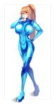  1girl bangs blonde_hair blue_eyes blush bodysuit breasts covered_navel eyebrows_visible_through_hair full_body hand_on_hip highres large_breasts long_hair looking_at_viewer metroid metroid_(classic) parted_lips ponytail samus_aran solo volyz zero_suit 