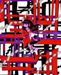  1girl :/ abstract_background arms_at_sides ascot black_eyes black_footwear black_hair bow closed_mouth detached_sleeves floating_hair frilled_hair_tubes frills from_side full_body hair_bow hair_tubes hakurei_reimu long_hair looking_afar red_ascot red_bow red_skirt red_vest ribbon-trimmed_sleeves ribbon_trim shide shoes skirt skirt_set socks solo soumenhiyamugi torii touhou vest white_legwear white_sleeves wide_sleeves 