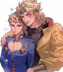  ... 2boys blonde_hair chest_cutout dio_brando earrings fang fang_out father_and_son giorno_giovanna gold_trim green_lips hand_on_another&#039;s_shoulder headband heart highres jewelry jojo_no_kimyou_na_bouken male_focus masanaga_(tsukasa) multiple_boys red_eyes school_uniform simple_background spoken_ellipsis spoken_heart stud_earrings upper_body violet_eyes white_background 