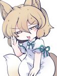  1girl animal_ears blonde_hair blush_stickers eyebrows_visible_through_hair fox_ears fox_tail fried_rice0614 green_ribbon hair_between_eyes highres kudamaki_tsukasa one-hour_drawing_challenge open_mouth ribbon romper short_hair short_sleeves simple_background solo tail touhou white_background white_romper yellow_eyes 