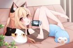  1girl absurdres animal_ear_fluff animal_ears atsuki_(pink0930cat) bangs bare_arms bare_legs barefoot blonde_hair blush cat_ears chestnut_mouth controller couch half_updo highres holding holding_controller khezu knees_up legs_up long_hair looking_at_viewer looking_back lying monster_hunter_(series) nintendo_switch off-shoulder_sweater off_shoulder on_back on_couch open_mouth original pink_eyes short_sleeves solo stuffed_animal stuffed_cat stuffed_penguin stuffed_toy sweater video_game 
