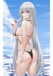  1girl :o absurdres ass azur_lane bangs bare_arms bare_shoulders black_swimsuit blush breasts character_request chinese_commentary commentary_request drink eyebrows_visible_through_hair from_behind hair_between_eyes highres ichikushi_mojibake large_breasts looking_at_viewer looking_back one-piece_swimsuit outdoors parted_lips red_eyes solo swimsuit thighs 