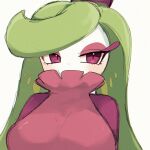  1girl bangs blush breasts colored_skin commentary_request covered_mouth green_hair half-closed_eyes highres large_breasts long_hair looking_to_the_side monster_girl multicolored_skin partial_commentary plant_girl pokemon pokemon_(creature) purple_skin shuri_(pixiv_12750616) simple_background sketch solo swept_bangs tsareena two-tone_skin upper_body violet_eyes white_background white_skin 