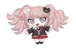  :d bangs bear_hair_ornament black_footwear black_shirt character_doll commentary_request danganronpa:_trigger_happy_havoc danganronpa_(series) enoshima_junko grey_background hair_ornament jecheubo long_sleeves looking_at_viewer no_humans open_mouth pink_eyes pleated_skirt red_skirt shiny shiny_hair shirt simple_background skirt smile twintails 