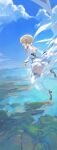  1girl :d absurdres bangs bare_back blonde_hair blue_sky boots breasts clouds day detached_sleeves dress from_side full_body genshin_impact gloves hair_ornament high_heel_boots high_heels highres long_hair long_sleeves looking_away lumine_(genshin_impact) medium_breasts midair modare ocean off_shoulder partially_fingerless_gloves profile short_hair_with_long_locks sky smile solo thigh-highs thighs twintails white_dress white_footwear white_legwear 