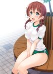  1girl bench between_legs black_legwear blue_eyes blush bra braid breasts brown_hair buruma commentary day emma_verde eyebrows_visible_through_hair freckles green_bra green_buruma green_panties gym_shirt gym_uniform hair_between_eyes hand_between_legs highres hino_minato_(spec.c) long_hair looking_at_viewer love_live! love_live!_nijigasaki_high_school_idol_club low_twin_braids low_twintails medium_breasts open_mouth outdoors panties panty_peek park_bench see-through shirt short_sleeves sitting sitting_on_bench smile socks solo thighs tiles tongue tree twin_braids twintails underwear v_arms white_shirt 