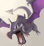  aerodactyl commentary_request flying green_eyes grey_background looking_down no_humans open_mouth pokemon pokemon_(creature) sharp_teeth solo teeth tesshii_(riza4828) tongue 