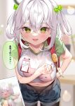  1girl blurry blurry_background breasts chihiro_(khorosho) collarbone ear_focus green_eyes hair_ornament hair_ribbon large_breasts medium_hair navel open_mouth oppai_loli original ribbon shiny shiny_hair smile twintails white_hair 