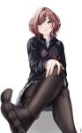  1girl absurdres black_legwear crossed_legs end_mha expressionless feet foot_focus hand_on_own_knee head_tilt highres higuchi_madoka idolmaster idolmaster_shiny_colors invisible_chair looking_at_viewer mole mole_under_eye no_shoes plaid plaid_skirt pleated_skirt red_eyes redhead short_hair simple_background sitting skirt solo wavy_hair white_background 