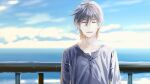  black_hair blue_background blue_sky crying hakuchuumu_no_aojashin kaito_(hakuchuumi_no_aojashin) male_focus non-web_source shimofuri shirt sky smile 