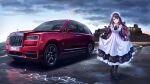  1girl apron black_footwear black_legwear car dress frilled_dress frills ground_vehicle gundou_mirei highres long_hair looking_at_viewer maid maid_apron maid_headdress motor_vehicle nijisanji pantyhose png_pant_(bus) purple_hair rolls-royce solo violet_eyes 