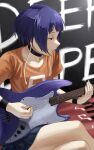  1girl absurdres bangs bass_guitar bedroom black_eyes blue_hair blush boku_no_hero_academia breasts choker collarbone fengling_(furin-jp) highres instrument jirou_kyouka legs music open_mouth playing_instrument short_hair skirt small_breasts solo solo_focus 