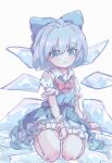  1girl :o bloomers blue_bow blue_dress blue_eyes blue_hair bow cirno collared_shirt dress eyebrows_visible_through_hair hair_bow hatut highres ice ice_wings kneeling neck_ribbon puffy_short_sleeves puffy_sleeves red_ribbon ribbon shirt short_hair short_sleeves simple_background solo touhou underwear white_shirt wings 