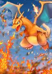  absurdres blue_eyes breathing_fire charizard claws clouds commentary_request day fangs fire flame-tipped_tail highres looking_down no_humans open_mouth outdoors pokemon pokemon_(creature) sky solo sorusolne110 tongue 