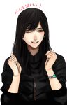  1girl black_hair black_sweater earrings hands_up highres hoshi_san_3 jewelry long_hair looking_at_viewer mole mole_under_eye original parted_lips simple_background smile solo sweater watch watch white_background 