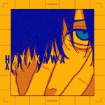  1boy bangs border chainsaw_man character_name hair_over_eyes hair_over_one_eye hayakawa_aki head_only highres holding_head izumi_(kisshot1126) limited_palette looking_to_the_side solo yellow_theme 
