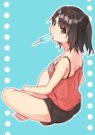  1girl alternate_costume barefoot black_hair black_shorts brown_eyes casual food from_behind indian_style kantai_collection looking_at_viewer mitsuyo_(mituyo324) mouth_hold orange_camisole popsicle sendai_(kancolle) short_hair shorts sitting solo two_side_up 