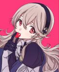  1girl armor armored_dress bangs black_hairband blue_cape cape closed_mouth commentary corrin_(fire_emblem) corrin_(fire_emblem)_(female) english_commentary fire_emblem fire_emblem_fates gauntlets gloves grey_hair hair_between_eyes hairband heart highres holding long_hair looking_at_viewer pink_background pointy_ears puffy_sleeves red_eyes roroichi simple_background smile solo upper_body valentine 