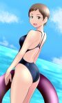  1girl ass black_swimsuit blue_sky brown_eyes brown_hair clouds commentary_request competition_swimsuit day from_behind girls_und_panzer horizon innertube kojima_emi looking_at_viewer ocean one-piece_swimsuit outdoors short_hair sky solo standing swimsuit tanaka_rikimaru 
