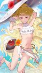  1girl armpits arms_up beach bikini blonde_hair bracelet breasts clouds cloudy_sky earrings eitri_(fire_emblem) english_commentary fire_emblem fire_emblem_heroes flower haru_(nakajou-28) hat highres jewelry long_hair looking_at_viewer navel ocean red_eyes shore sky small_breasts smile solo swimsuit tri_tails wavy_hair 