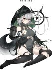  1girl absurdres ahoge arknights ass bangs bare_shoulders black_legwear breasts crocodilian_tail grey_hair highres hood hoodie looking_at_viewer pointy_ears short_hair simple_background solo staff tail thigh-highs tomimi_(arknights) torn_clothes white_background xiudie yellow_eyes 