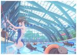  1girl artist_name bangs blunt_bangs breasts brown_hair closed_eyes day goggles goggles_on_head highres indoors innertube ladder lane_line one-piece_swimsuit original otter pool short_hair small_breasts string_of_flags swimming swimsuit vivid507 water 