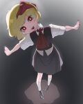  1girl ascot bangs black_footwear black_skirt black_vest blonde_hair bow collared_shirt frogsnake full_body hair_bow head_tilt kneehighs looking_at_viewer nail_polish open_mouth red_eyes red_nails rumia sharp_teeth shirt short_hair short_sleeves skirt solo standing t-pose teeth touhou vest white-framed_eyewear white_shirt 