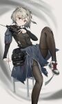  1girl absinthe_(arknights) ahoge animal_ears arknights bangs bear_ears bear_girl black_legwear breasts grey_hair gun hairband holding holding_gun holding_weapon jacket leg_up looking_at_viewer pantyhose red_eyes short_hair solo standing standing_on_one_leg thigh-highs weapon xiudie 