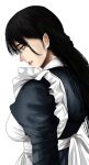  1girl apron black_dress black_hair dress from_side grey_eyes highres hoshi_san_3 long_hair maid_apron mole mole_under_eye mole_under_mouth original parted_lips profile simple_background solo upper_body white_apron white_background 