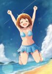  1girl absurdres ahoge arms_up barefoot beach bikini bikini_skirt blue_bikini blue_skirt blue_sky blush breasts brown_hair closed_eyes clouds collarbone commentary_request full_body happy highres hirasawa_yui jumping k-on! mountain ocean open_mouth outdoors scenery shore short_hair skirt sky solo summer swimsuit thighs water waves yusaku2021com 