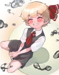  1girl ascot bangs black_skirt black_vest blonde_hair blush bow closed_eyes collared_shirt eyebrows_visible_through_hair frogsnake grin hair_bow happy medium_skirt nail_polish red_nails rumia sharp_teeth shirt short_hair sitting skirt smile solo teeth thighs touhou v_arms vest wavy_hair white_shirt 