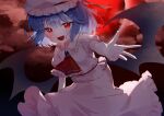  1girl :d absurdres ascot bangs bat_wings clouds fang full_moon highres looking_at_viewer moon open_mouth outdoors purple_hair red_ascot red_eyes red_moon red_nails remilia_scarlet shirt short_hair short_sleeves skin_fang skirt smile solo standing suikario touhou white_shirt white_skirt wings 