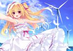  1girl :d bare_arms bare_shoulders blonde_hair blue_sky blush clouds cloudy_sky collarbone commentary_request commission day dress feathers frilled_dress frills hair_intakes hair_ribbon horizon irotoridori_no_sekai long_hair nikaidou_shinku ocean outdoors outstretched_arms purinpurin red_eyes red_ribbon ribbon ribbon-trimmed_dress skeb_commission sky sleeveless sleeveless_dress smile solo spread_arms sundress two_side_up very_long_hair water white_dress white_feathers wind_turbine 