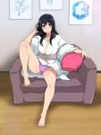  1girl arm_rest bangs barefoot black_hair couch cushion full_body hand_in_own_hair hand_up hibike!_euphonium highres knee_up kousaka_reina legs long_hair looking_at_viewer on_couch panties pantyshot parted_lips picture_frame purple_panties robe sash sbel02 sitting solo thighs underwear violet_eyes wooden_floor 