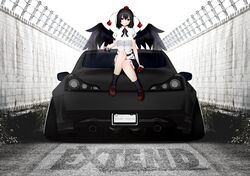  1girl black_hair black_skirt black_wings car grin ground_vehicle hat highres looking_at_viewer mamo_murata motor_vehicle nissan_skyline puffy_short_sleeves puffy_sleeves red_eyes shameimaru_aya shirt short_hair short_sleeves sitting skirt smile solo tokin_hat touhou white_shirt wings 