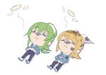  2girls blonde_hair blue_hoodie blue_shirt bow bow_hairband chibi closed_eyes commentary death dirty dirty_clothes dirty_face drawstring giving_up_the_ghost green_hair gumi hair_bow hairband halo hood hoodie kagamine_rin lying medium_hair multiple_girls omake on_back own_hands_together pants parted_lips shirt sidelocks vocaloid white_bow white_footwear wings wounds404 