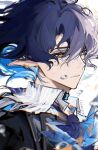  1boy absurdres arknights bangs bishounen black_hair character_name closed_mouth collared_shirt ear_piercing highres infection_monitor_(arknights) lumen_(arknights) male_focus orange_eyes piercing pointy_ears shirt short_hair solo upper_body water water_drop weinisixiaoting 
