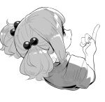  1girl bangs frogsnake from_above greyscale kawashiro_nitori medium_hair monochrome pointing sidelocks simple_background solo touhou twintails white_background 