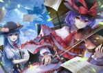  2girls absurdres bangs bass_clef beamed_eighth_notes black_headwear blue_hair bow bow_(music) breasts capelet chair chromatic_aberration clouds cloudy_sky flat_sign food frilled_capelet frills fruit grand_piano hagoromo hair_between_eyes half_note half_rest hat hat_bow hat_ribbon heart highres hinanawi_tenshi holding holding_instrument instrument kyusoukyu leaf long_hair long_sleeves looking_at_viewer multiple_girls music musical_note nagae_iku neck_ribbon open_mouth parted_lips peach piano playing_instrument puffy_short_sleeves puffy_sleeves purple_hair quarter_note quarter_rest red_bow red_eyes red_ribbon ribbon shawl sheet_music shirt short_hair short_sleeves sidelocks sitting sky small_breasts smile staff_(music) touhou treble_clef upper_body violin white_shirt whole_rest 