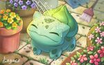  animal_focus brush bulbasaur claws closed_eyes closed_mouth commentary_request day flower flower_pot happy highres kagure_(karaguren) no_humans outdoors pokemon pokemon_(creature) signature smile solo water yellow_flower 